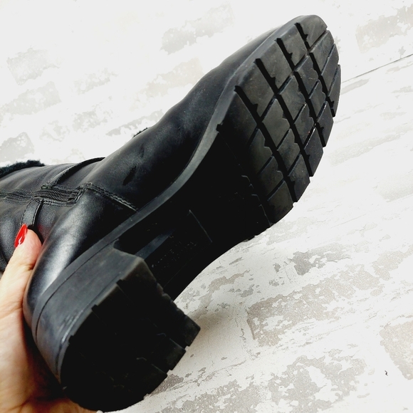 Boutique Black Leather Fur Trim Buckle Ankle Strap Block Heel Winter Boots D357 - Picture 8 of 13